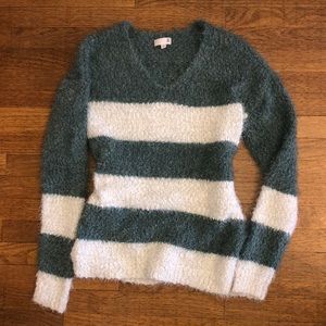 Fuzzy Block Striped Casual Sweater Green White